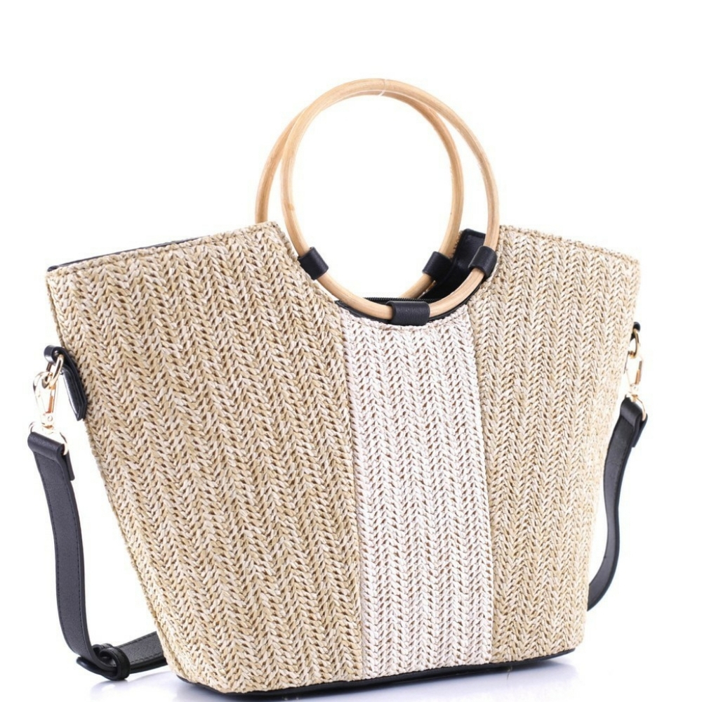 Two-Tone Round Bamboo Handle Straw Satchel